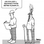 cartoon emphasising the danger of working with electricity